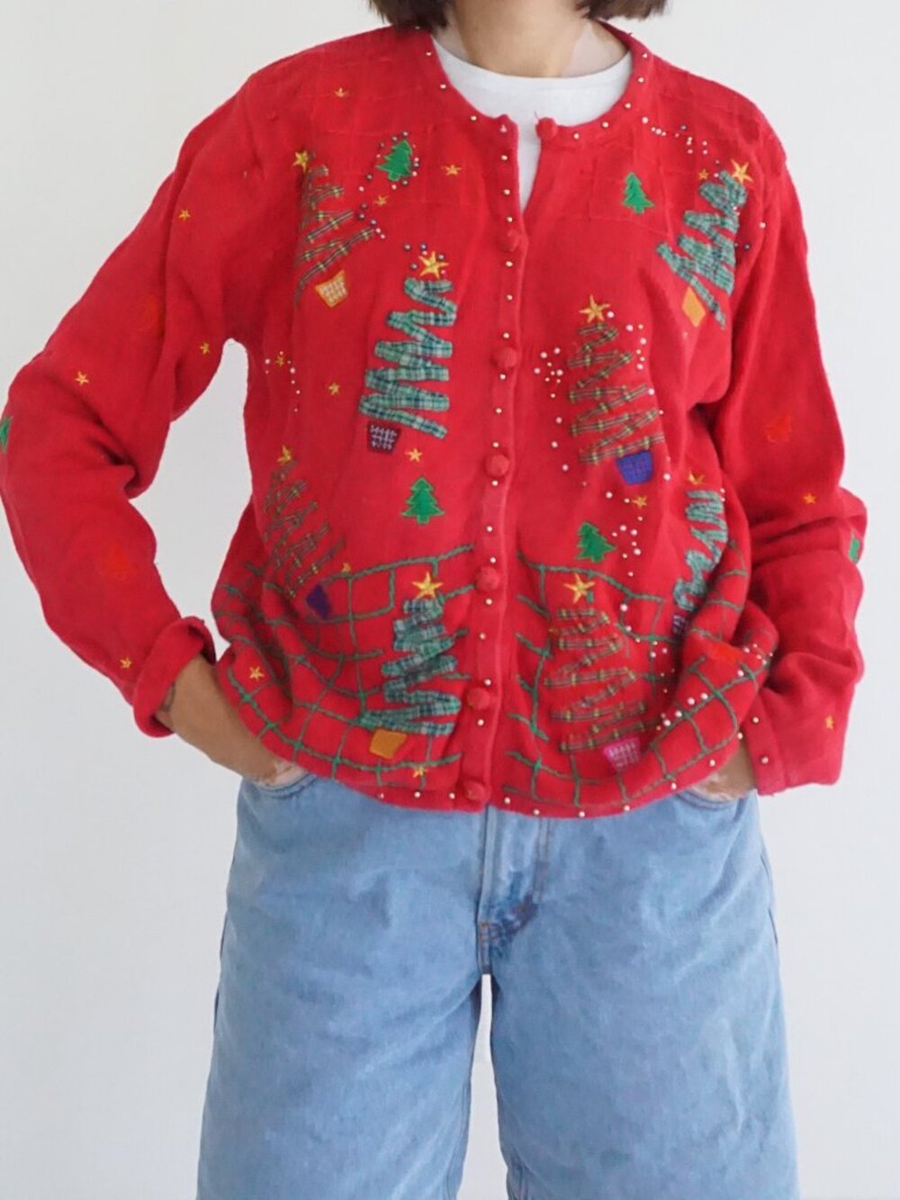 Segue Red Plaid Christmas Tree Bead Embroidered Ugly Christmas Cardigan L